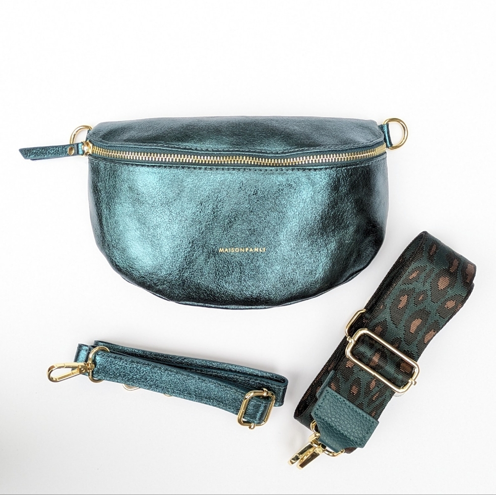 Italian Leather Crossbody Waist Bag | Fanny Pack Metallic Blue Luxe Travel